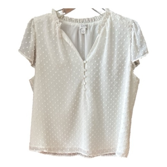 J. Crew Tops - J. Crew Ivory V‑Neck Blouse – Flutter Sleeves, Ruffle Collar & Swiss Dots
